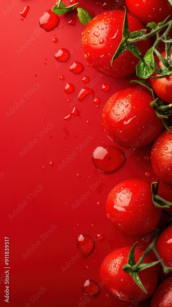 Red tomatoes on a red background with water drops. Red tomatoes on a red background with water drops.