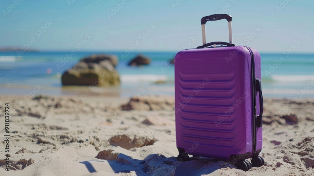 Modern violet suitcase in the sand, in front of a beach, generative ai Modern violet suitcase in the sand, in front of a beach, generative ai