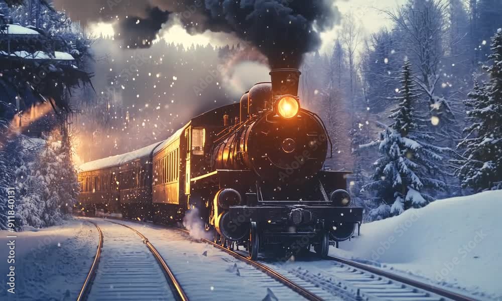 Steam train ride in winter snow travel scene Steam train ride in winter snow travel scene