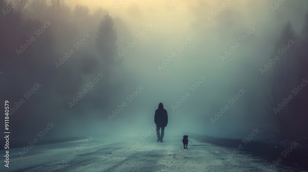 move on to the future to achieve your goal in your life concept picture of a man walking on the misty lonely road with dog to the future. move on to the future to achieve your goal in your life concept picture of a man walking on the misty lonely road with dog to the future.