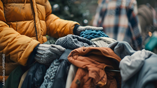 Kind person giving jackets and blankets to a homeless shelter to help those in need.