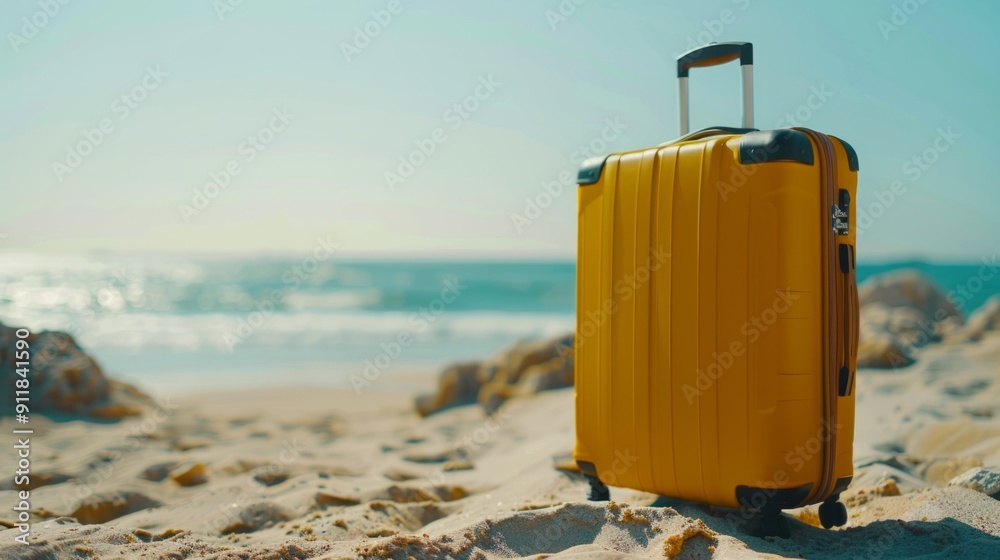 Modern yellow suitcase in the sand, in front of a beach generative ai Modern yellow suitcase in the sand, in front of a beach generative ai