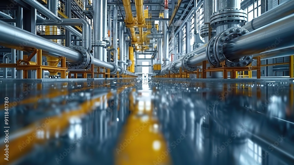 Industrial Pipeline System with Wet Floor and Reflections - Realistic Image Industrial Pipeline System with Wet Floor and Reflections - Realistic Image