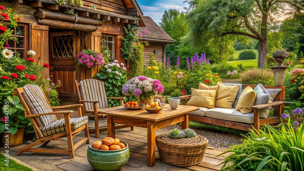 Cozy countryside patio featuring rustic wooden furniture, vibrant flower arrangements, and natural textiles, surrounded by lush greenery and a charming country-style cottage backdrop. Cozy countryside patio featuring rustic wooden furniture, vibrant flower arrangements, and natural textiles, surrounded by lush greenery and a charming country-style cottage backdrop.