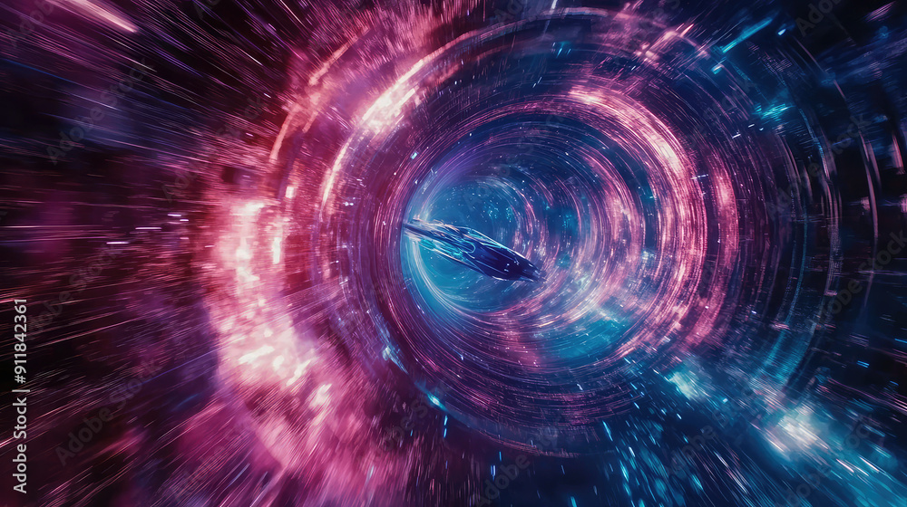 Obraz premium A spaceship is speeding at light speed through a holographic galactic vortex. Generative AI