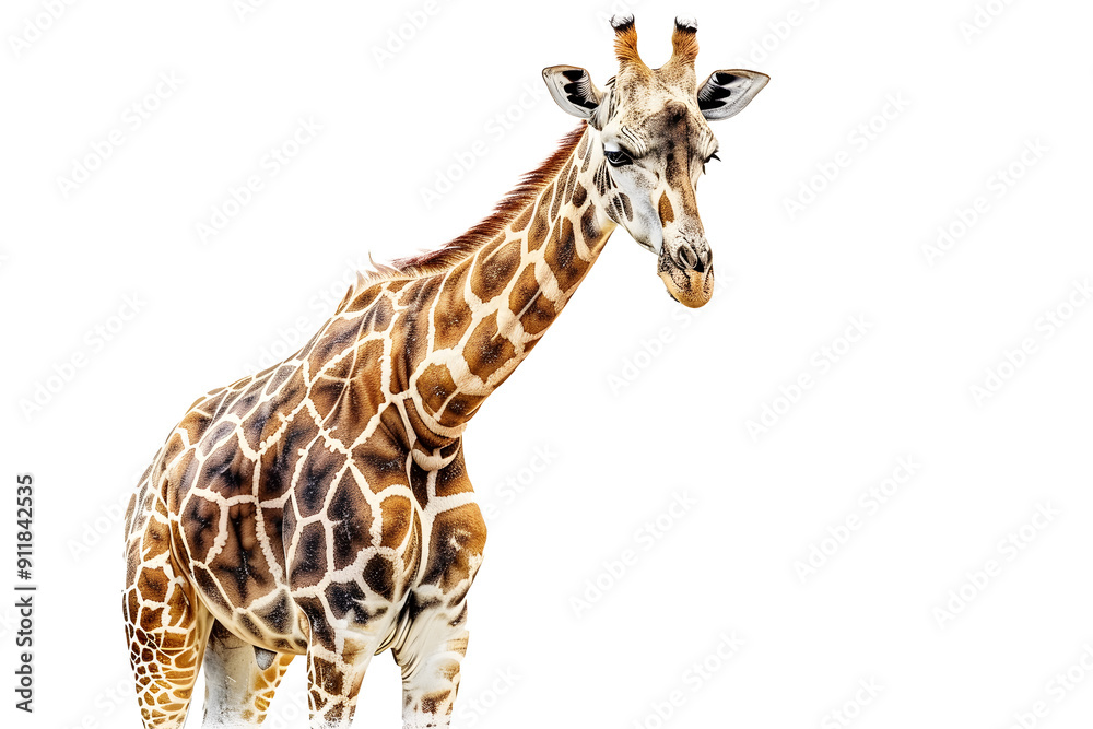 Obraz premium A giraffe standing alone on a white background, providing an opportunity to use this image for animal-related content or as a unique design element