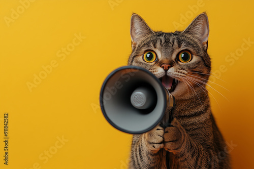 A cat with wide eyes holding a megaphone against on yellow background . Fun and energetic image suitable for announcements and promotion