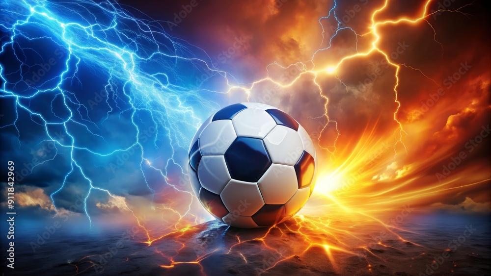 Naklejka premium Dramatic nighttime scene featuring a blazing soccer ball amidst electrifying lightning bolts, set against a vibrant blue and orange backdrop, exuding intense energy and action.