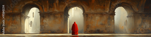 impressionist palette knife oil painting, abbot standing in front of arches in abbey.