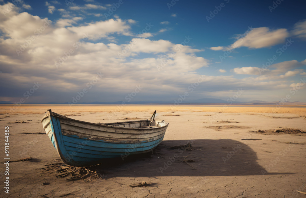 small boat on cracked earth dry fields and desolate small boat on cracked earth dry fields and desolate