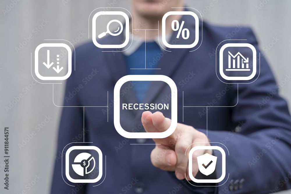 Recession Economy Crash Concept. Business man working on virtual touch screen presses word: RECESSION. Recession Economy Crash Concept. Business man working on virtual touch screen presses word: RECESSION.