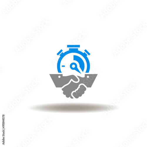Vector illustration of handshake with stopwatch. Icon of micro credit. Symbol of fast deal.