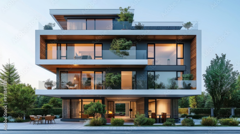 Obraz premium Modern Residential Building With Glass Facades Surrounded by Greenery in Bright Daylight