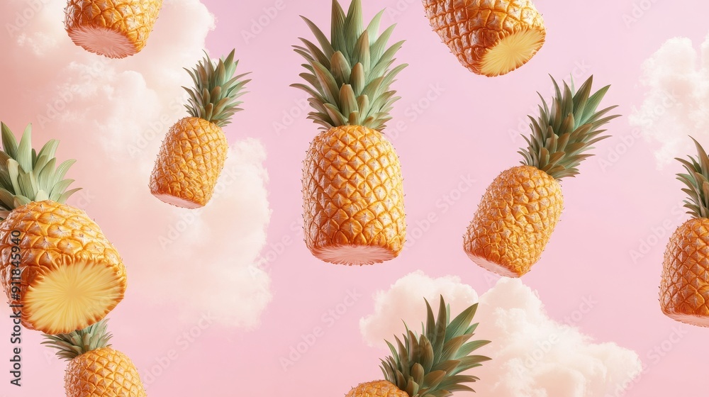 A surreal arrangement of pineapples with varying sizes, floating against a pastel sky with fluffy clouds A surreal arrangement of pineapples with varying sizes, floating against a pastel sky with fluffy clouds