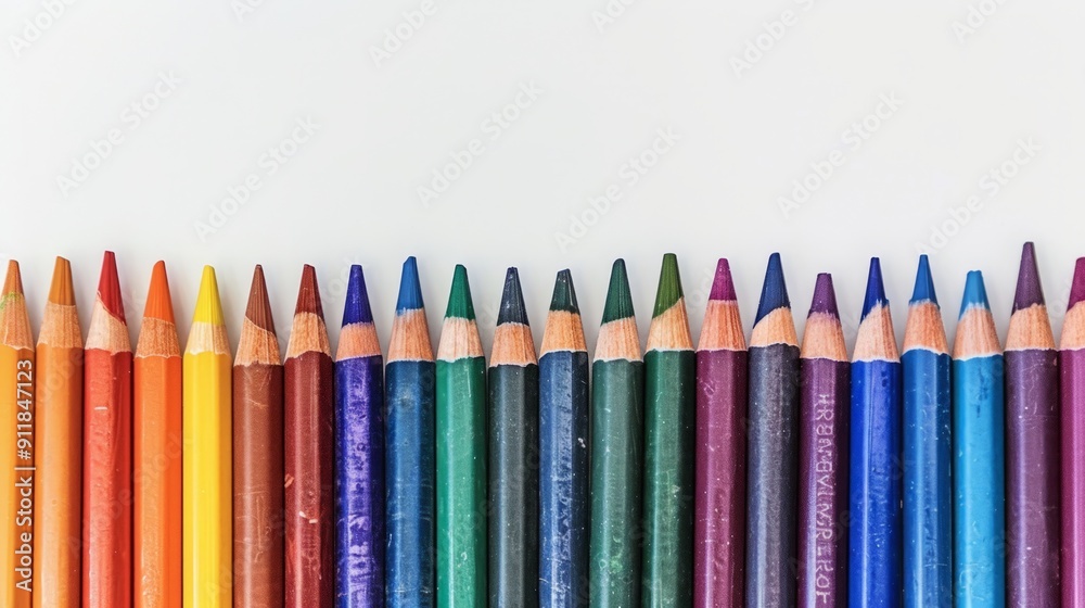 Row of crayons for art and craft on a white background generative ai Row of crayons for art and craft on a white background generative ai