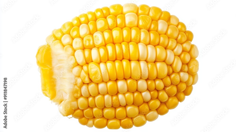 Cross-section slices of corn cob, revealing the concentric arrangement of kernels. The vivid yellow and natural details isolated on white Cross-section slices of corn cob, revealing the concentric arrangement of kernels. The vivid yellow and natural details isolated on white