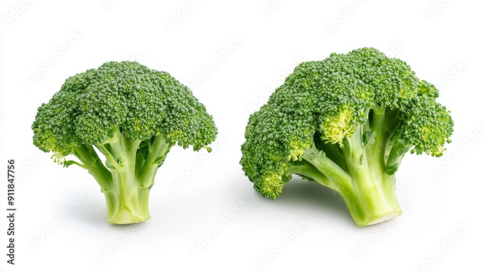 Detailed image of broccoli halves, emphasizing the contrast between the tightly packed florets and sturdy stalk. Isolated against a white background Detailed image of broccoli halves, emphasizing the contrast between the tightly packed florets and sturdy stalk. Isolated against a white background