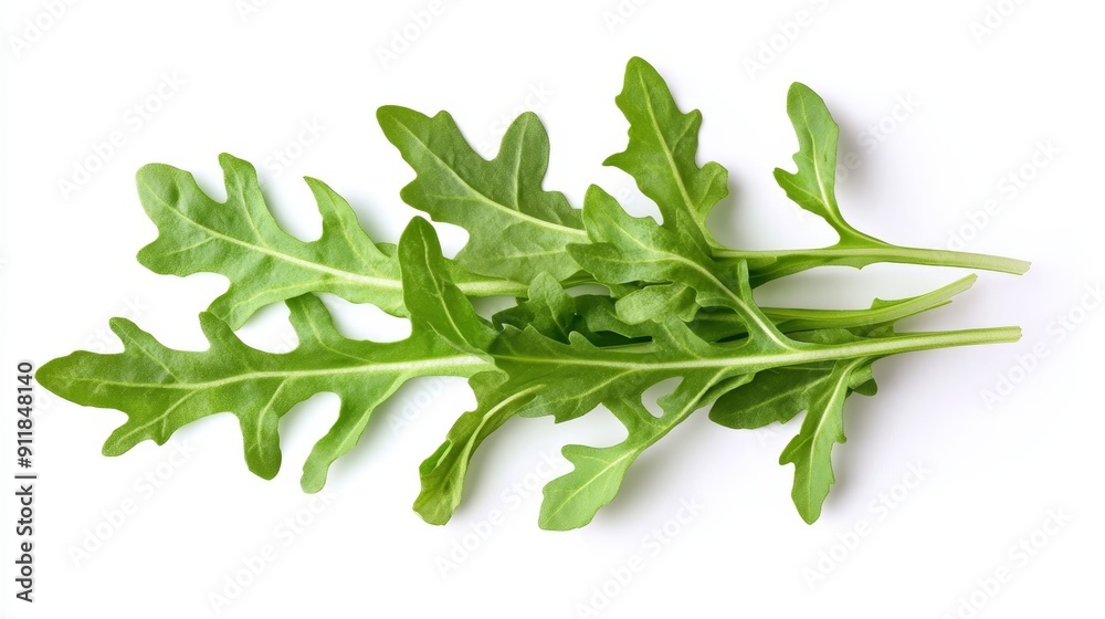 Fresh arugula leaves, neatly halved to show their distinct serrated edges and vibrant green color, isolated on a clean white background Fresh arugula leaves, neatly halved to show their distinct serrated edges and vibrant green color, isolated on a clean white background