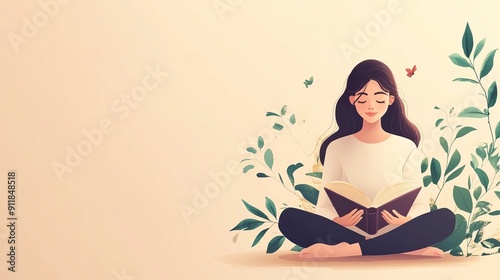 Beautiful woman with book meditating on beige background. Banner for International Self Care Day -
