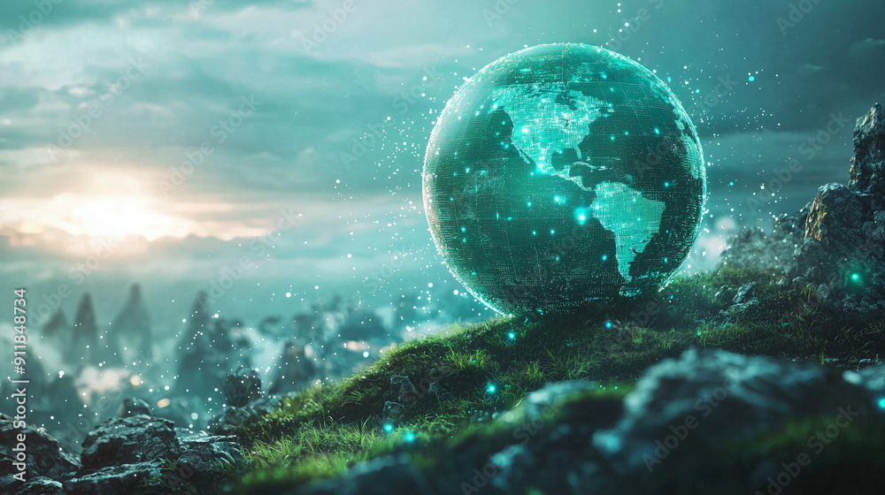 Futuristic Digital Earth Landscape with Data Points in Nature Setting Futuristic Digital Earth Landscape with Data Points in Nature Setting
