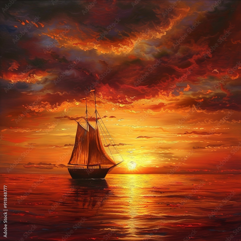 Fototapeta premium Sailboat sails at sunset displaying warm golden glow