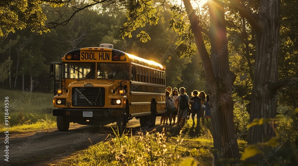 Obraz premium Children boarding school bus in rural morning sunlight