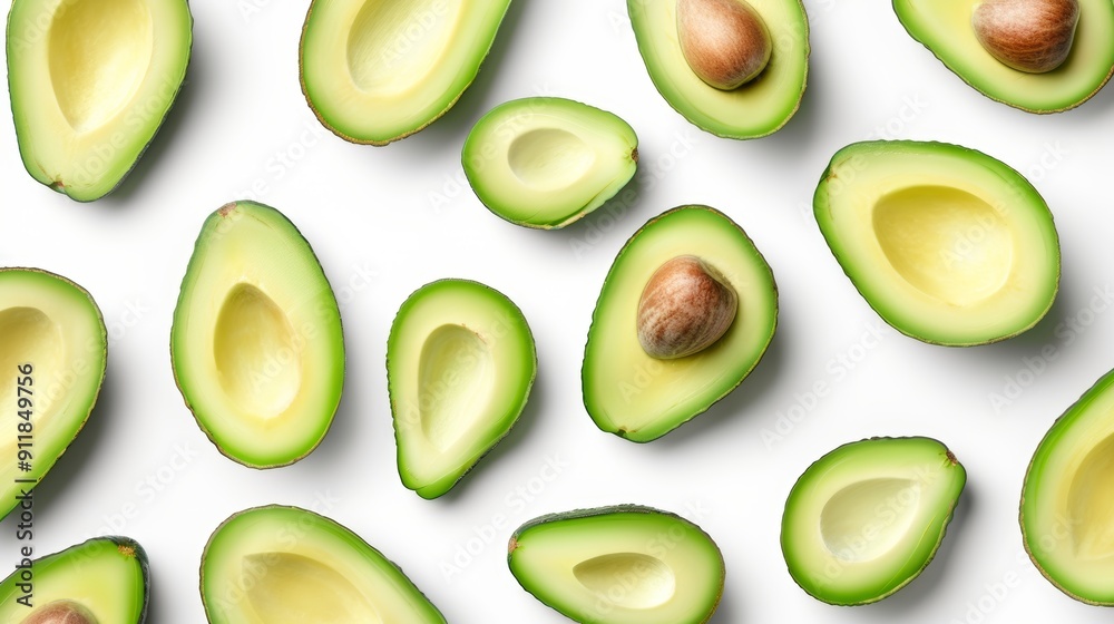 An arrangement of avocado halves and slices, artistically placed to showcase the rich green hues and smooth surfaces. Isolated on a white background An arrangement of avocado halves and slices, artistically placed to showcase the rich green hues and smooth surfaces. Isolated on a white background