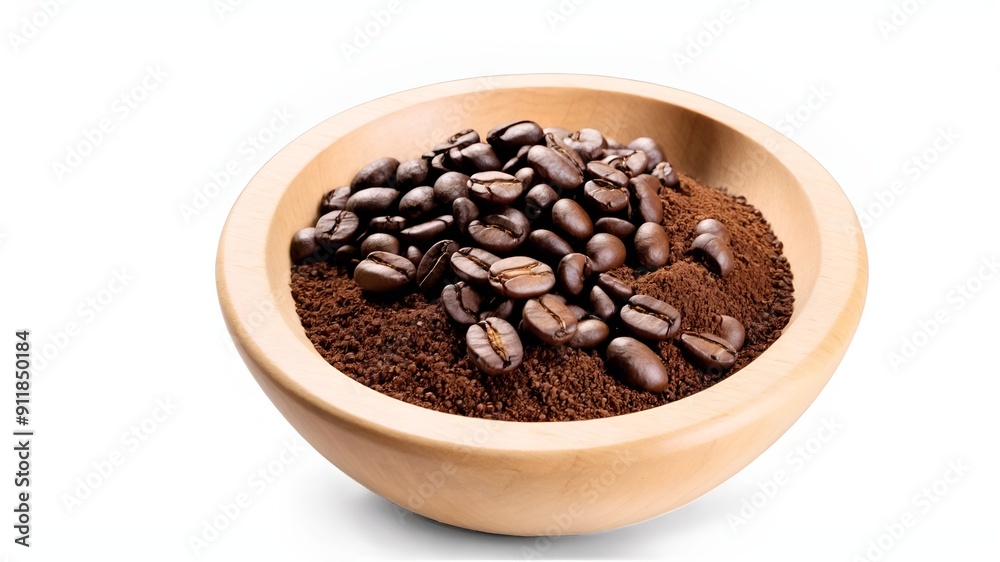 Roasted coffee beans with coffe powder in wooden bowl isolated on white background. Roasted coffee beans with coffe powder in wooden bowl isolated on white background.