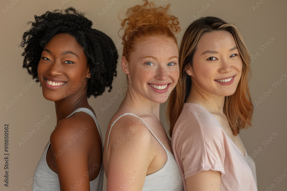 Obraz premium Three young multiethnic women standing side by side happily smiling and looking at the camera.
