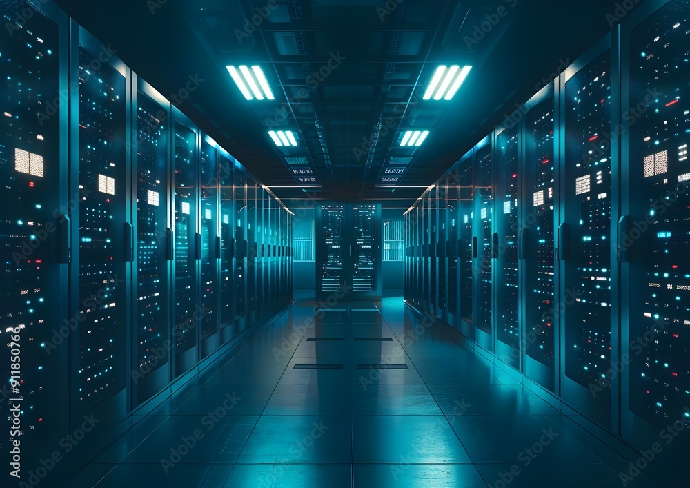 High-tech server room with rows of glowing computer rack masks, representing advanced data center technology and cloud computing in the dark blue background. High-tech server room with rows of glowing computer rack masks, representing advanced data center technology and cloud computing in the dark blue background.