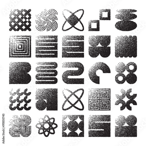 Brutalist geometric shapes, dotted objects. Stipple elements modern symbols. Simple primitive forms. Retro design, trendy contemporary minimalist style, y2k. Dot shading, drawing. Vector illustration