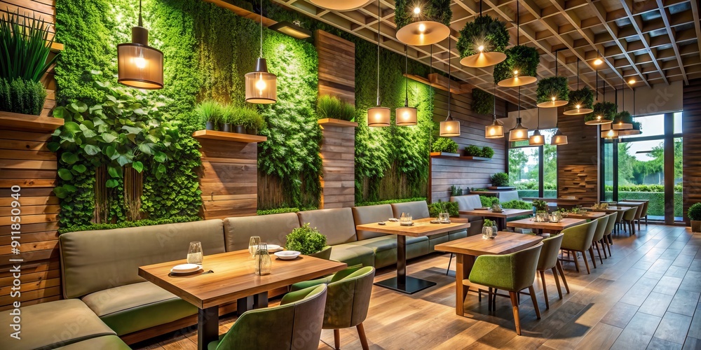 Fototapeta premium Modern eco-friendly restaurant interior with lush green walls, reclaimed wood, and soft LED lighting creating a calming ambiance for sustainable dining experience.