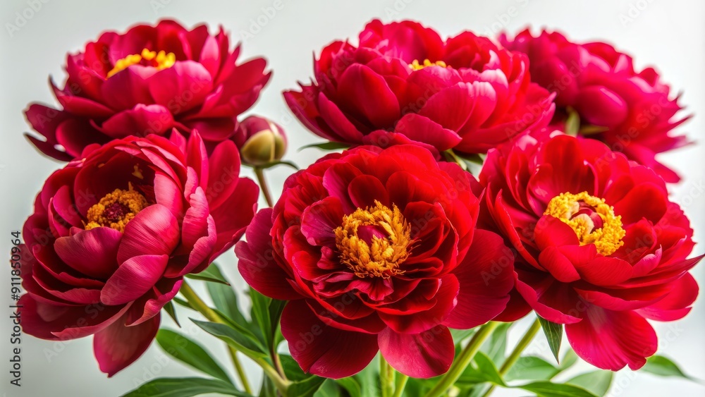 Vibrant red peonies with delicate petals and golden centers bloom against a crisp white background, creating a stunning contrast of color and texture. Vibrant red peonies with delicate petals and golden centers bloom against a crisp white background, creating a stunning contrast of color and texture.