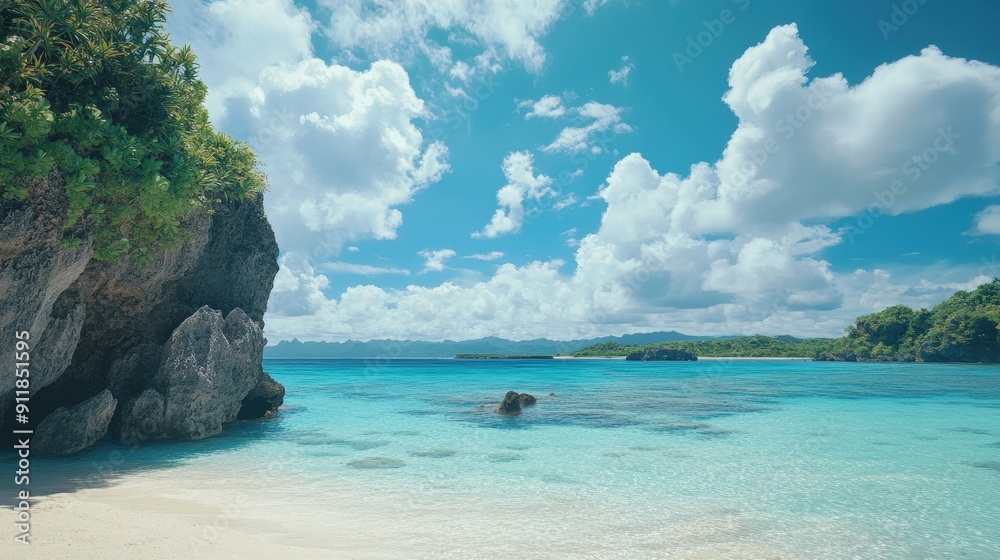 Fototapeta premium 澄んだ青い海と白い砂浜の美しい景色が広がるリゾート地で、リラックスした時間を過ごしている。