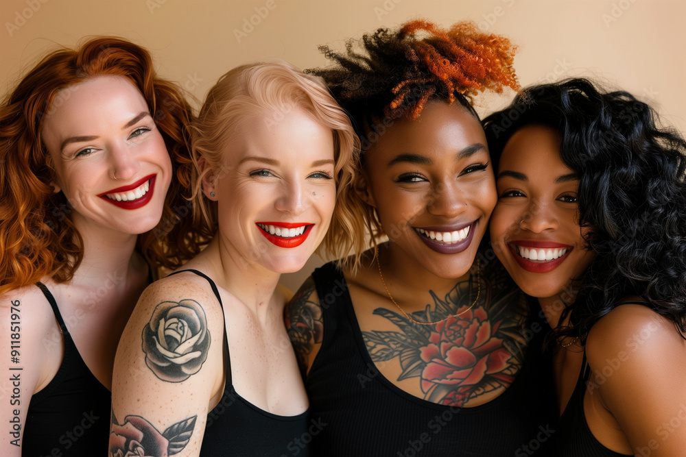 Obraz premium Feminism, a group of multicultural empowered women, smiling and looking with a confident look, women with tattoos and diverse hair styles.