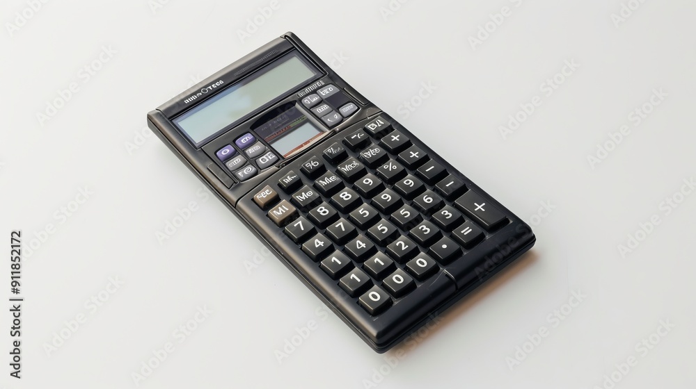 Compact black pocket calculator with dual function keys Compact black pocket calculator with dual function keys