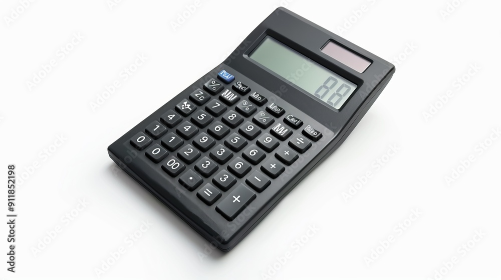 Black calculator with scientific functions on a surface. Black calculator with scientific functions on a surface.