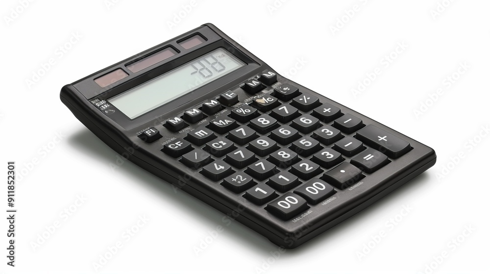 Black calculator with digital display on white background. Black calculator with digital display on white background.