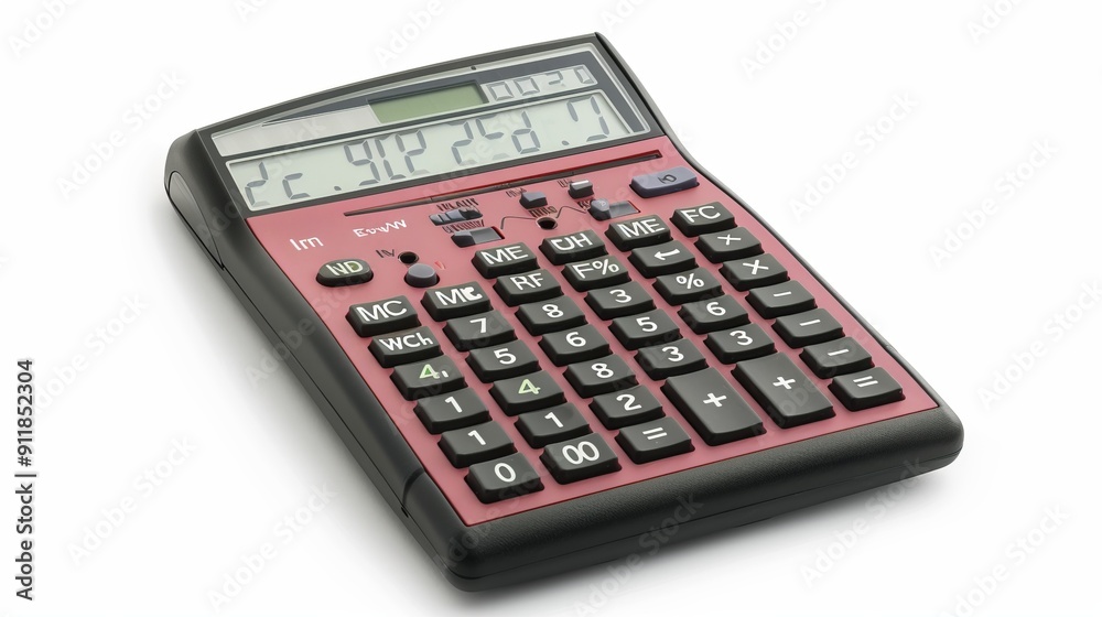 Red calculator for financial calculations on white surface. Red calculator for financial calculations on white surface.