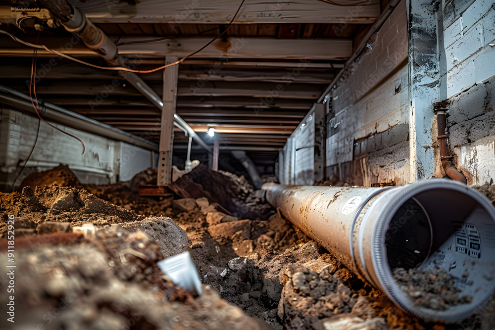Pipe Running in Dirt Crawl Space Under House. Pipe Running in Dirt Crawl Space Under House.