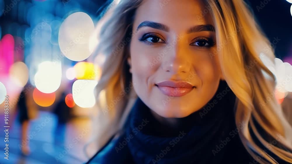 Portrait of a young woman in the background a busy street at dusk with lights in the camera bokeh