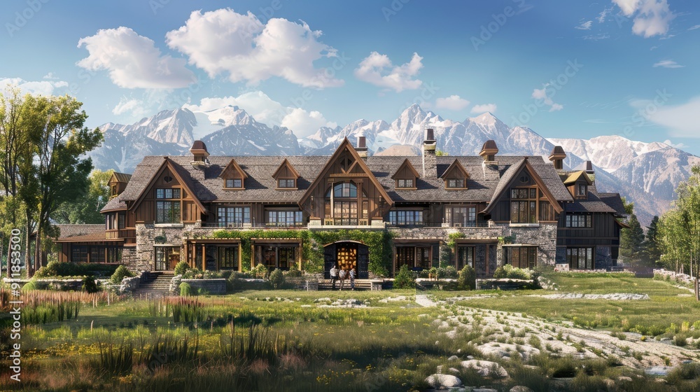 Luxury Mountain Lodge Surrounded by Scenic Nature and Majestic Peaks During Bright Sunny Day