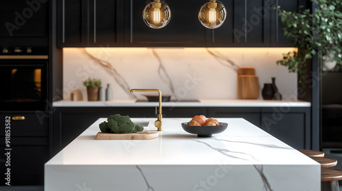 A stylish modern kitchen features black cabinets, a white marble island with distinct veining, gold light fixtures, a bowl of apples, and fresh broccoli on a cutting board.