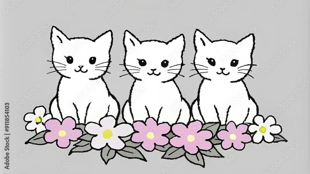 Obraz premium cat and flowerscartoon, vector, pet, kitten, cute, illustration, love, cats, black, kitty, art, feline, pets, domestic, animals, funny, icon, tail, white, mammal, isolated, character, heart