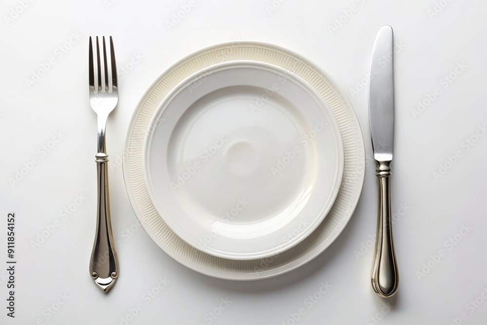 Elegant table setting featuring a pristine white plate, paired with a stainless steel knife and fork, arranged on a crisp white background. Elegant table setting featuring a pristine white plate, paired with a stainless steel knife and fork, arranged on a crisp white background.