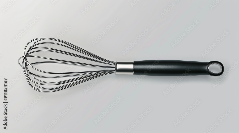 Close-up of a stainless steel whisk with a black handle, placed on a sleek grey background, highlighting its design. Close-up of a stainless steel whisk with a black handle, placed on a sleek grey background, highlighting its design.