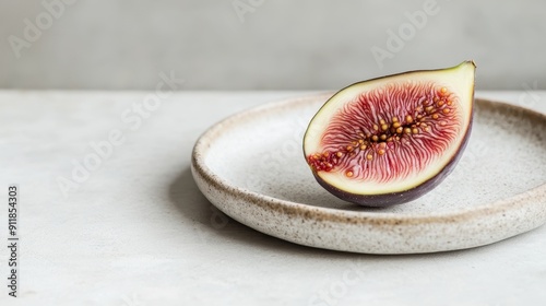 Fig on a rustic plate, rich hues, juicy and tender, natural sweetness, detailed texture