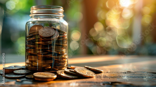 A glass jar filled with bitcoin coins, placed outdoors on a wooden surface, symbolizing digital currency and investment. photo