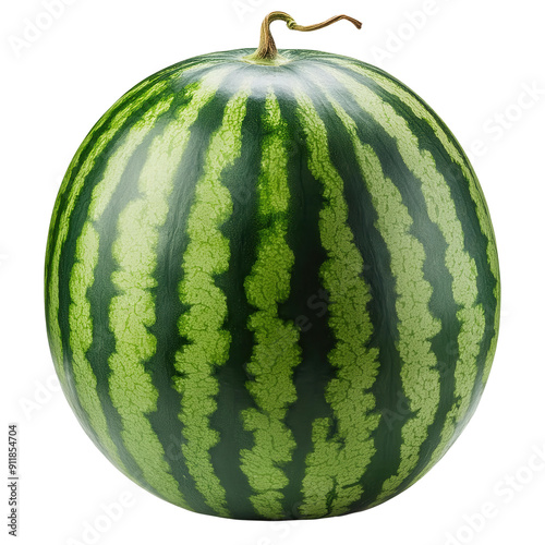 A fresh, ripe watermelon with vibrant green stripes, isolated on a white background, transparent background.