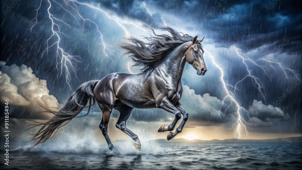 Obraz premium Majestic horse with its mane intricately styled to resemble heavy rainfall, evoking the whimsical impression of a powerful steed dancing through a tempestuous storm.